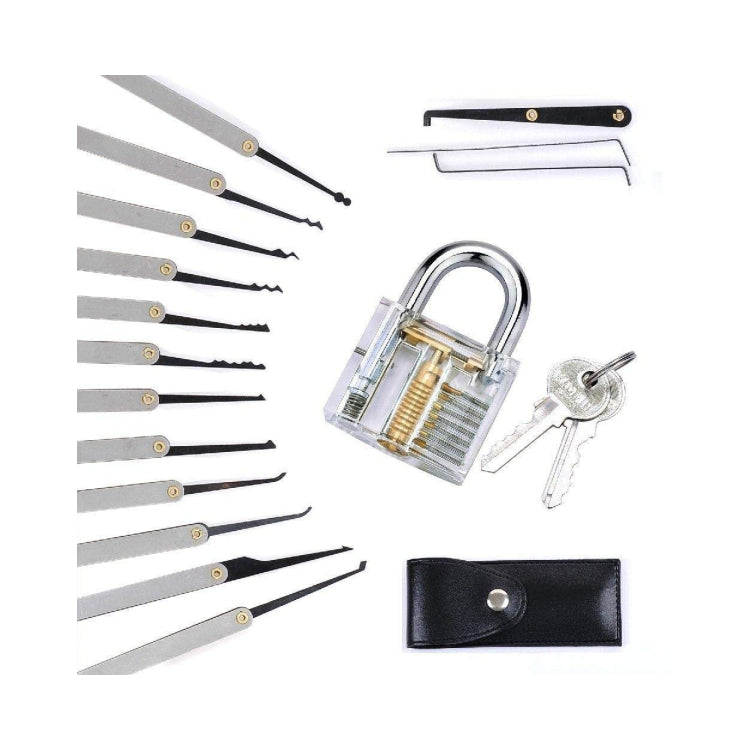 16pcs Lock Pick Locksmith Tool Practice Lock Opener, Locksmith Training Starter Set + Transparent Practice Padlock Opener Training Tool