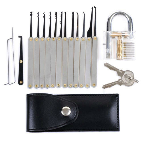 16pcs Lock Pick Locksmith Tool Practice Lock Opener, Locksmith Training Starter Set + Transparent Practice Padlock Opener Training Tool